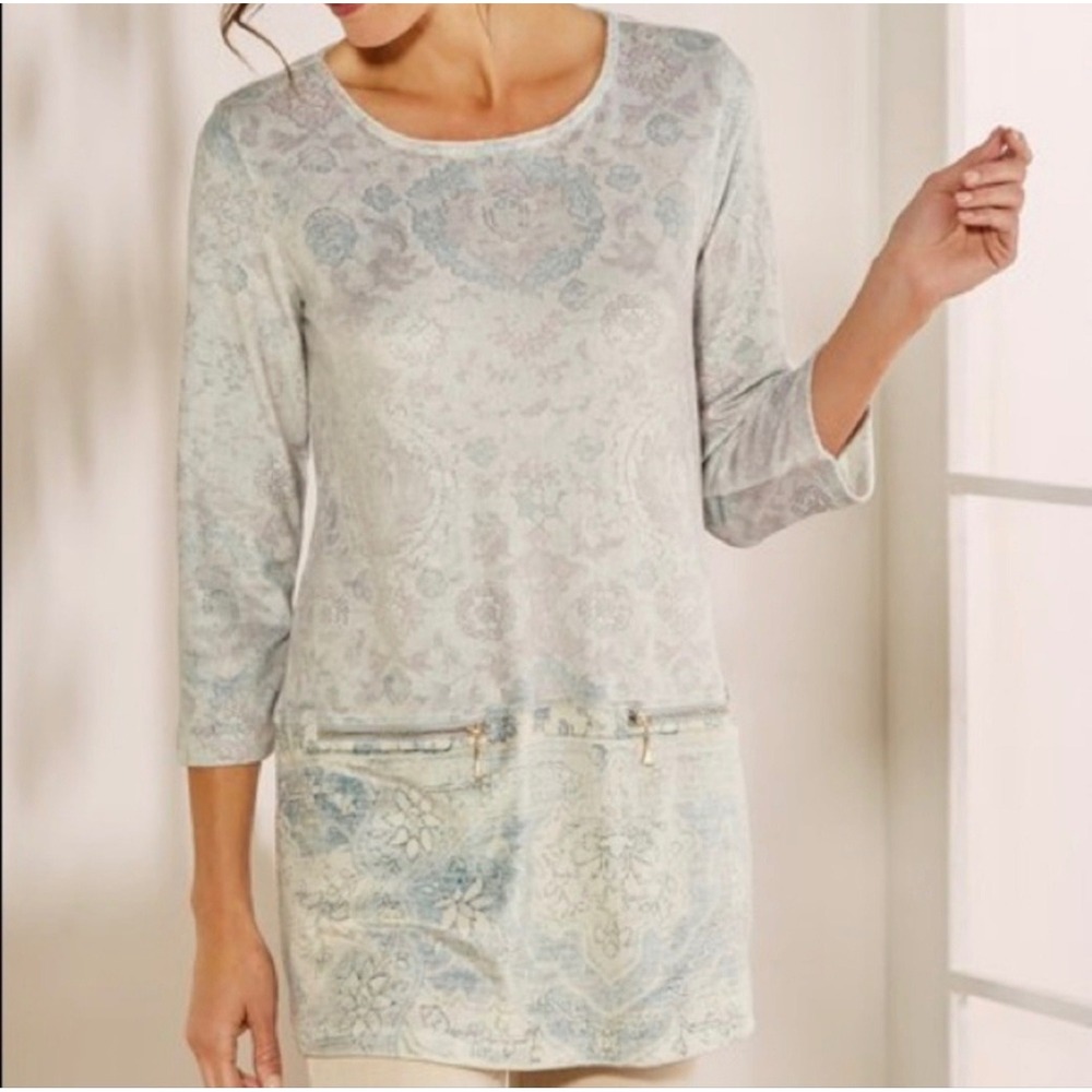 Soft Surroundings Gray Blue Paisley Velvet Dello Tunic Top Zipper Detail Small